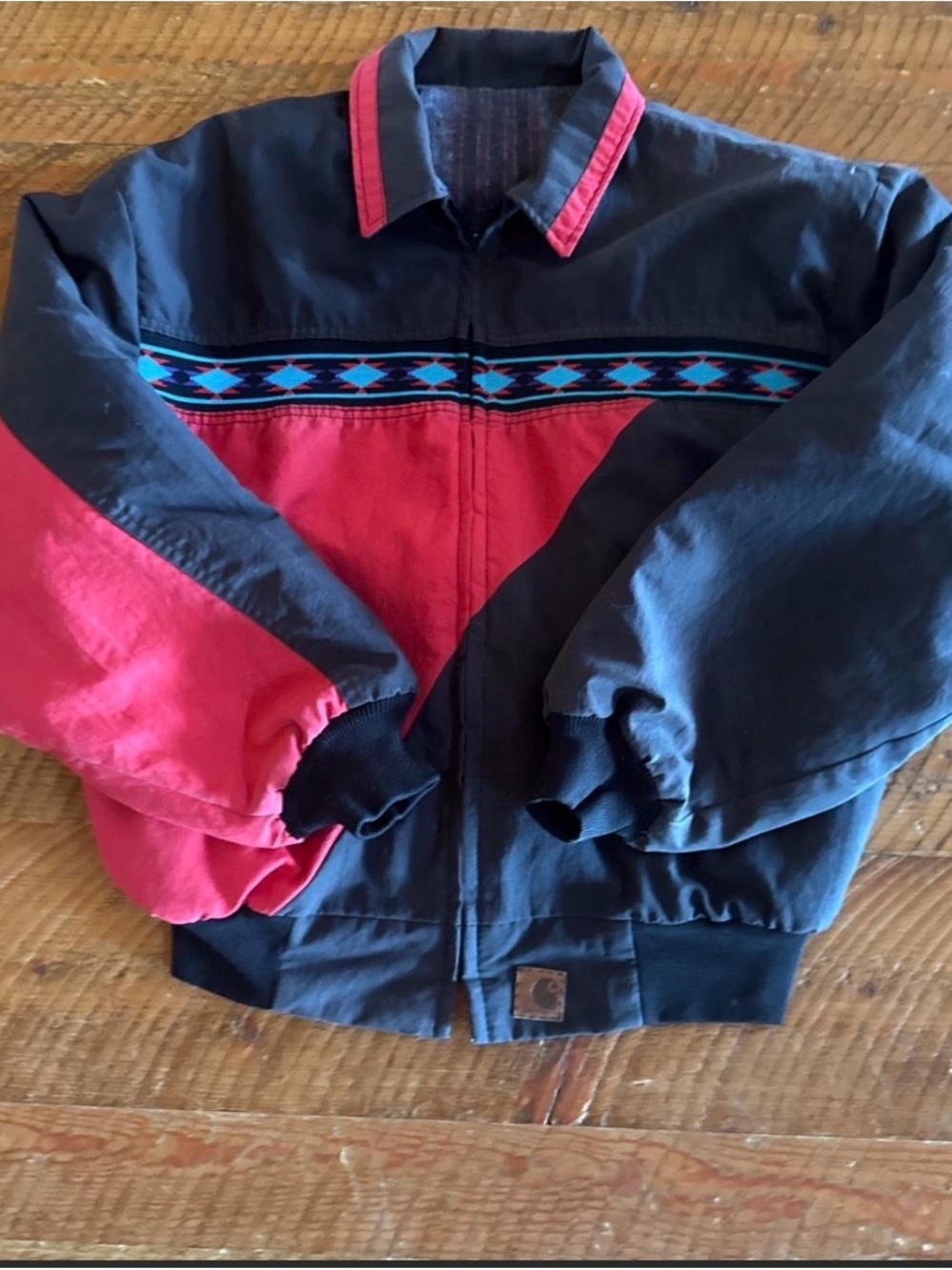Carhartt Kids Navy and Red Puffer Jacket with Aztec Trim